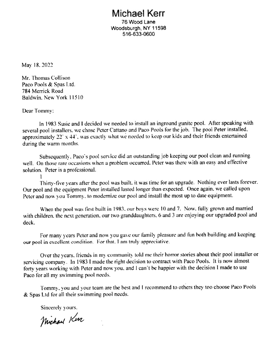 Testimonials from customers in Long Island, Nassau County, Western Suffolk County of Paco Swimming Pool Design & Pool Services